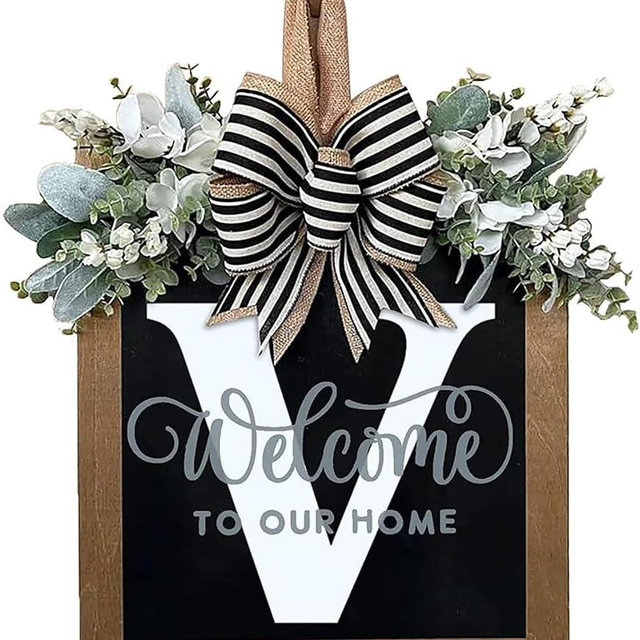 Last Name Year Round Front Door Wreath Front Porch Decoration 26 Letter Welcome Sign with Eucalyptus Garland and Bow Spring Wreaths for Front Door Outside Hanger Garland（V）