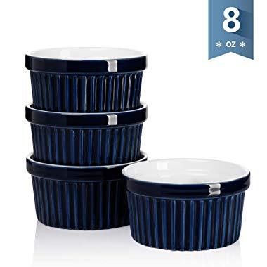 Sweese 501.103 Porcelain Souffle Dishes, Ramekins for Baking - 8 Ounce for Souffle, Creme Brulee - Set of 4, Navy
