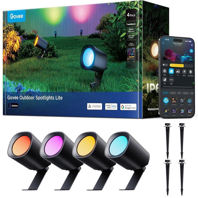 Govee Outdoor Spotlights Lite 4 pack, IP67 Waterproof Spotlights, Landscape Lighting Work with Alexa, Matter and Google Assistant, RGBWIC Color Changing Light for Outdoor Decor, Courtyard, Patio Decor
