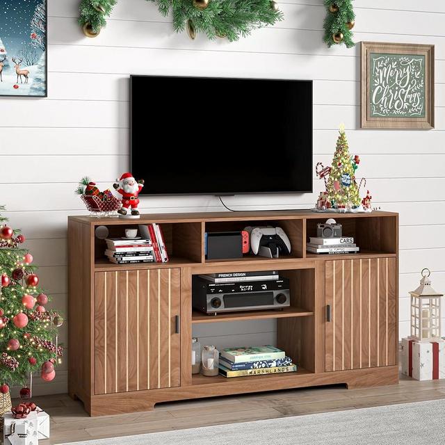 Jluomei Mid Century Modern TV Stand for 65 Inch TV, Entertainment Center with Storage TV Console Cabinet with Open Shelves, Fluted TV Stands for Living Room, Bedroom, Walnut