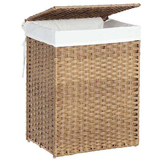 SONGMICS Handwoven Laundry Hamper, Synthetic Rattan Laundry Basket with Removable Liner Bag, Clothes Hamper with Handles for Laundry Room, Natural ULCB51NL