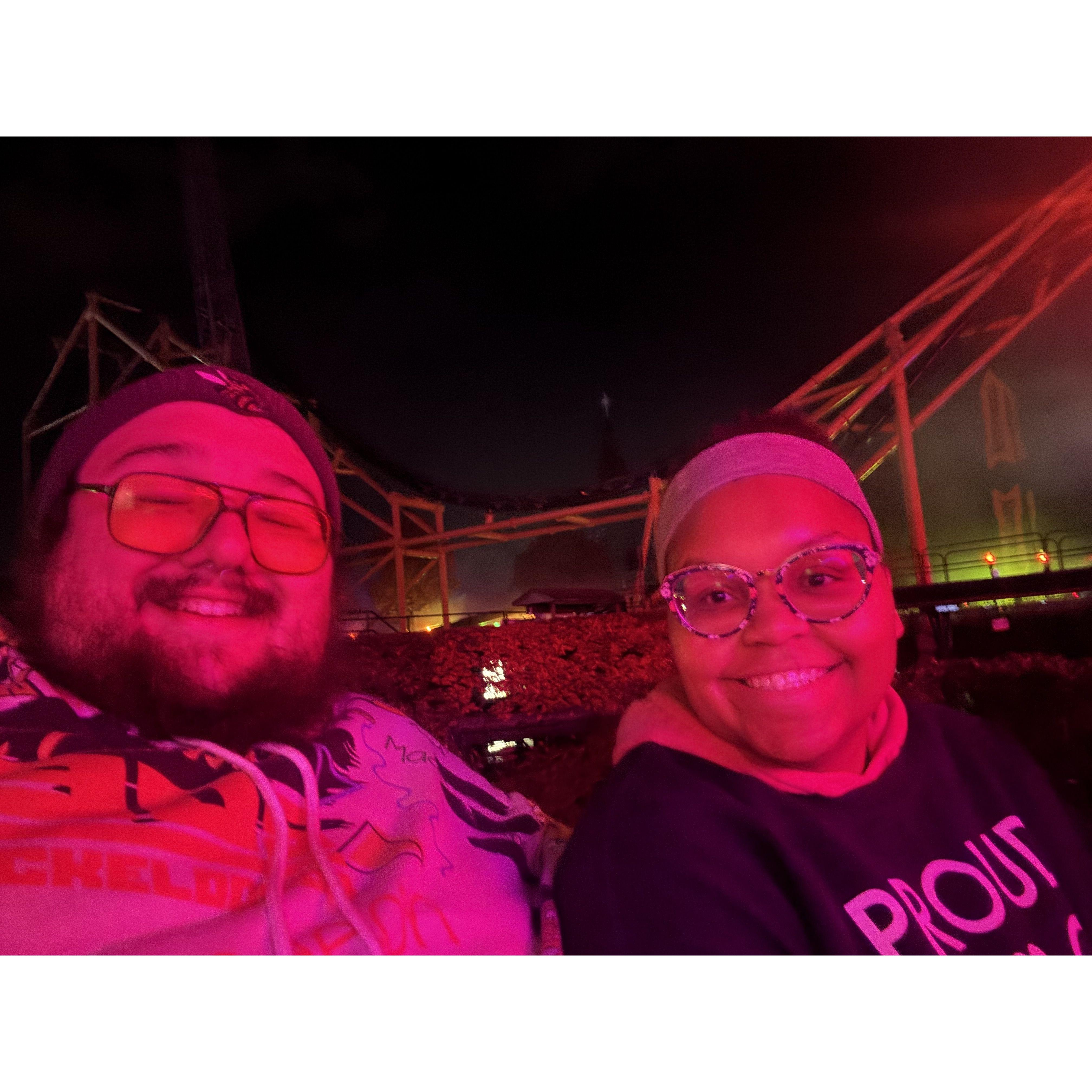 Both pretending not to be scared at Fright Night.