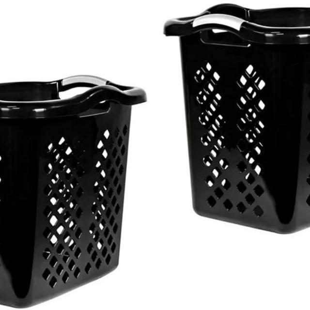 AuOsi 2 Pack Ultra Easy Carry Plastic Laundry Hamper, 2 Bushel Lamper Plastic Laundry Basket with Silver Handles,Dirty Clothes Laundry Hamper Bin for Home, Apartment, or Dorm Room, Black, KT458