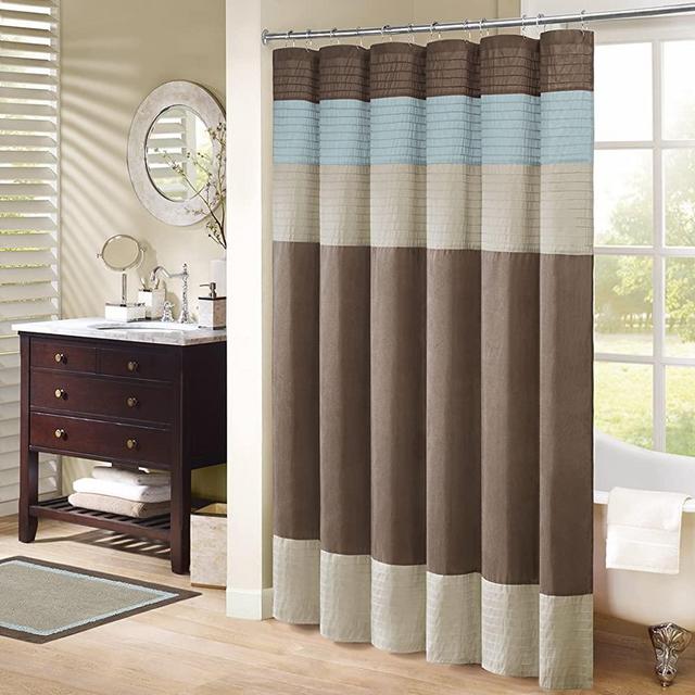 Madison Park Amherst Bathroom Shower Curtain Faux Silk Pieced Striped Modern Microfiber Bath Décor, 72x72 Inches, Blue