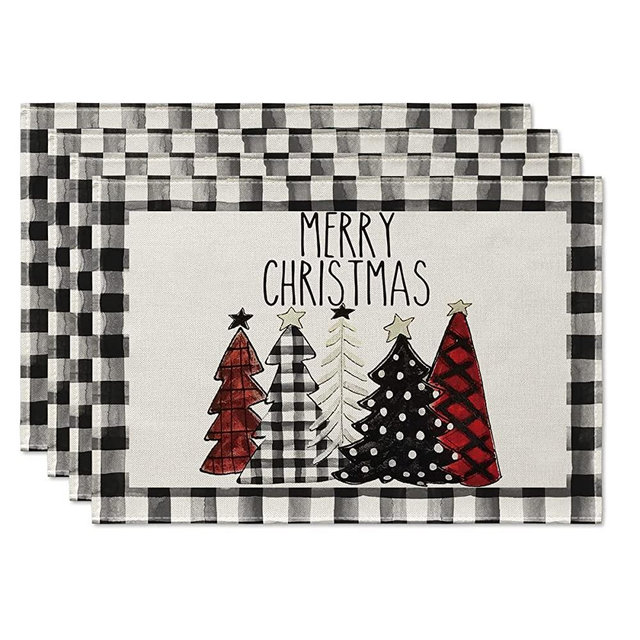 Artoid Mode Waterclor Buffalo Plaid Christmas Trees Placemats Set of 4, 12x18 Inch Winter Table Mats for Outdoor Home Party Kitchen Dining Decor
