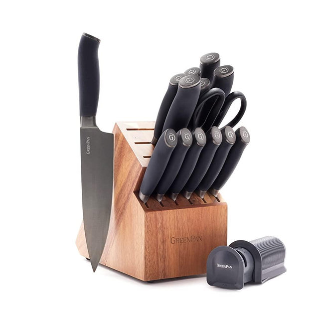 GreenPan Titanium Ultimate 16-Piece Knife Block Set, Titanium Coated, Stainless Steel, Eco-friendly, Ergonomic Grip, Slip Resistant, Balanced, Heat Treated, Hand Sharpened, Dishwasher Safe