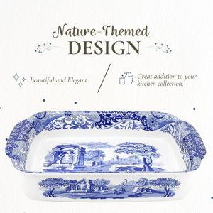Spode Blue Italian Handled Rectangular Dish - 15" x 12" Porcelain Tableware with Heritage Scroll Border & Scenic Countryside Artwork - Large Decorative Serving Piece for Casserole & Lasagna Bakeware