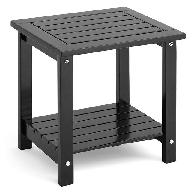 DPWOODON 2-Tier Outdoor Side Table, Weather-Resistant End Table with Storage Shelf, Wooden Coffee Table for Indoor, Backyard, Garden, Bed, Living Room (Black)