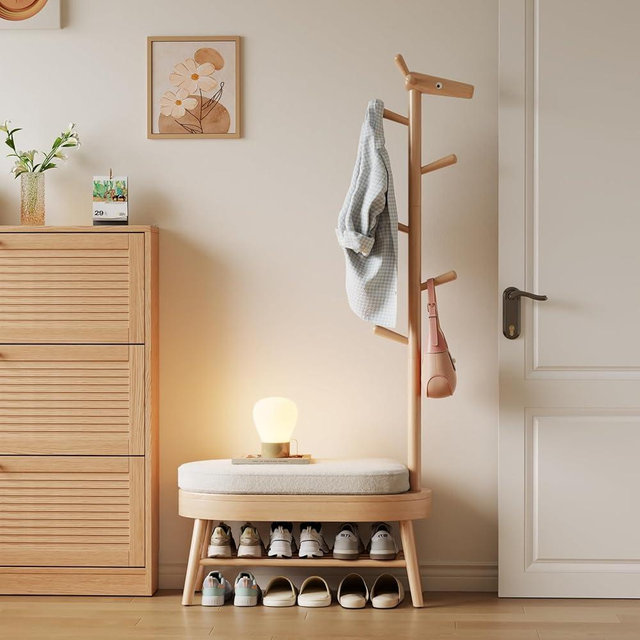 AQIMUELE Coat Rack with Shoe Storage, Entryway Shoe Bench,Coat Rack and Shoe Rack, Wooden Shoe Rack（Natural）