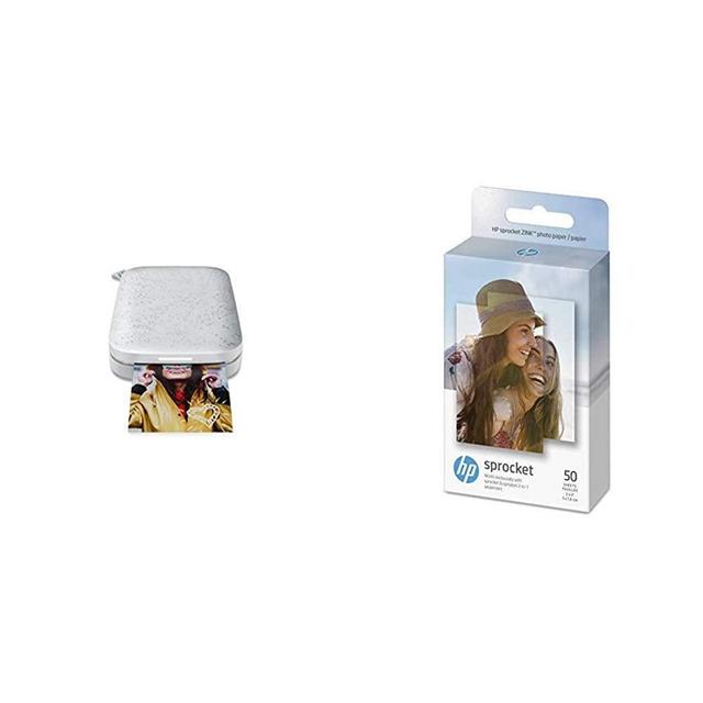 HP Sprocket Portable Photo Printer (2nd Edition) – Instantly print 2x3" sticky-backed photos from your phone – [Luna Pearl] [1AS85A] and Sprocket Photo Paper, 50 Sheets