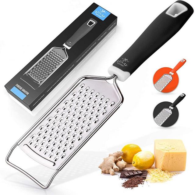 Zulay Kitchen Professional Cheese Grater Stainless Steel - Durable Rust-Proof Metal Lemon Zester Grater With Handle - Flat Handheld Grater For Cheese, Chocolate, Spices, And More - Black