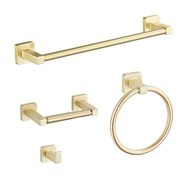 Brusehd Light Gold Bathroom Hardware Set 4 Pieces,Towel Bar Set Stainless Steel Wall Mounted, Includes 16In Hand Towel Bar, Towel Ring, Robe Towel Hooks,Toilet Paper Holder, Bathroom Towel Rack Set…