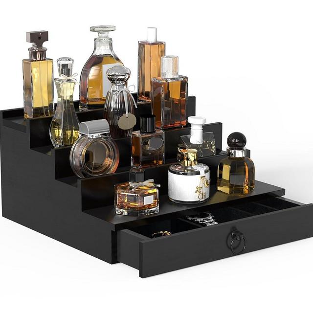 upcessory Cologne Organizer for Men, 4 Tier Black Wood Perfume Organizer with Felt Lining Drawer and Hidden Compartment, Perfume Display Holder, Father's Day Gift for Men