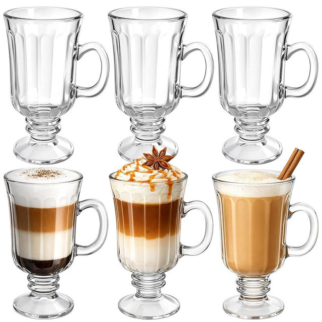 ZENFUN 6 Pack Irish Coffee Mugs, 8 Oz Glass Footed Espresso Cups with Handles, Clear Vertical Grain Goblet Mugs Glasses for Coffee, Latte, Cappuccino, Smoothie