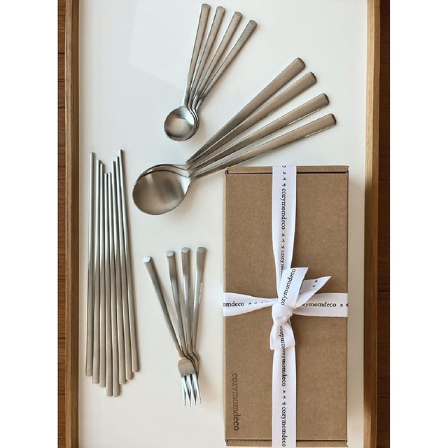 cozymomdeco Korean Made Stainless Steel Silver Utensil Flatware Cutlery Korean Chopsticks and Spoon Set Tea Spoon and Tea Fork Set, 4SET Stocking Stuffer Gift for Mom Stocking Stuffer