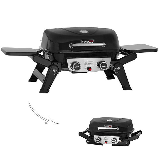 Royal Gourmet GT2005 2-Burner Portable Propane Gas Grill with Foldable Side Tables & Foldable Support Legs, Tabletop Gas Grill with Warming Rack for for Outdoor Cooking & Grilling, Black