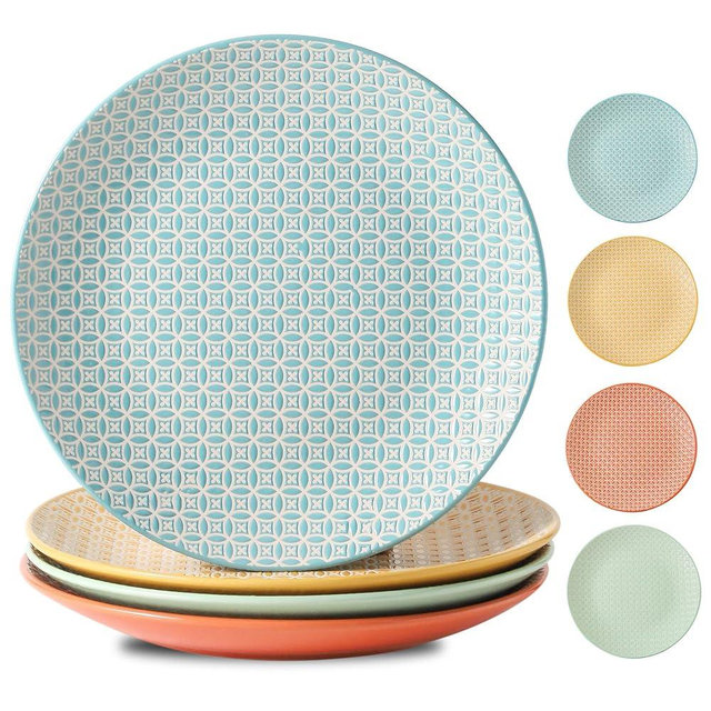 YELLOYA 10.5in Large Dinner Plates Set of 4 - Ceramic Round Pizza Plates, Modern Dinnerware Dishes Set for Kitchen - Dishwasher & Microwave Safe, Embossed Design, Vibrant Assorted Colors