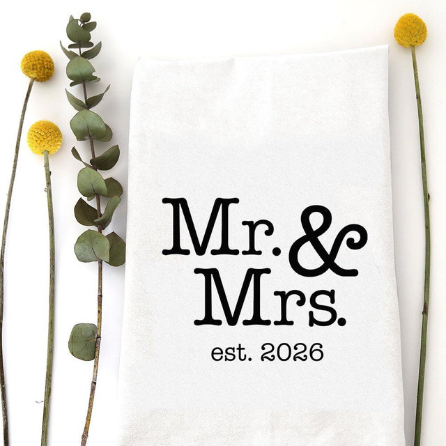 Wildwood Landing Mr & Mrs 2026 Tea Towel – 100% Cotton Flour Sack – Heavyweight & Absorbent Kitchen Towel – Machine Washable – 20" x 29"