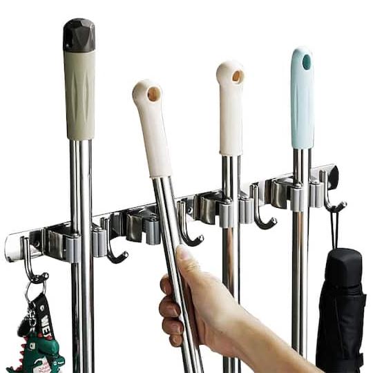 Wellco Gray Broom Holder Wall Mount Mop Organizer with 4 Clips And 5 Hooks BHGCH4C5H