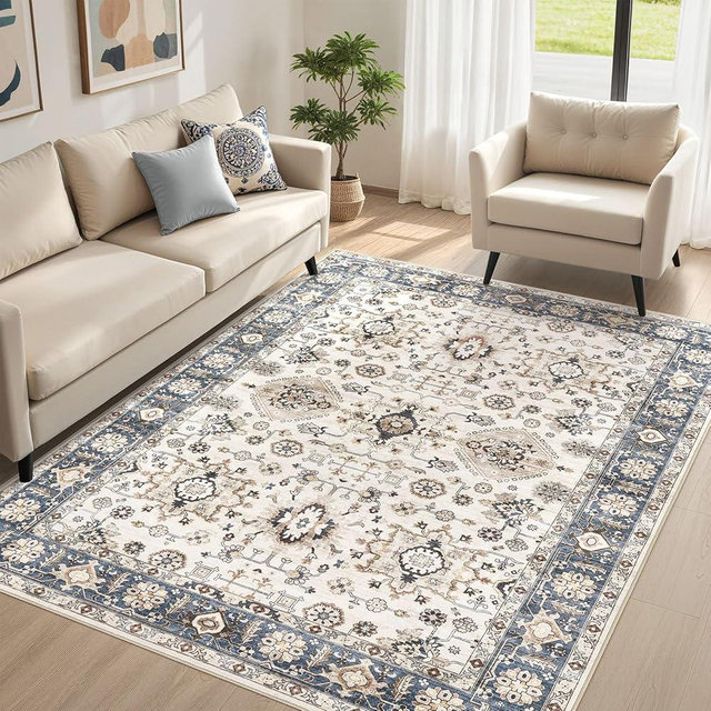 Area Rugs for Living Room: 7x9 Washable Rug Vintage Pattern Large Non-Slip Stain Resistant Soft Durable Floor Carpet for Bedroom, Dining Room, Home Office - Blue