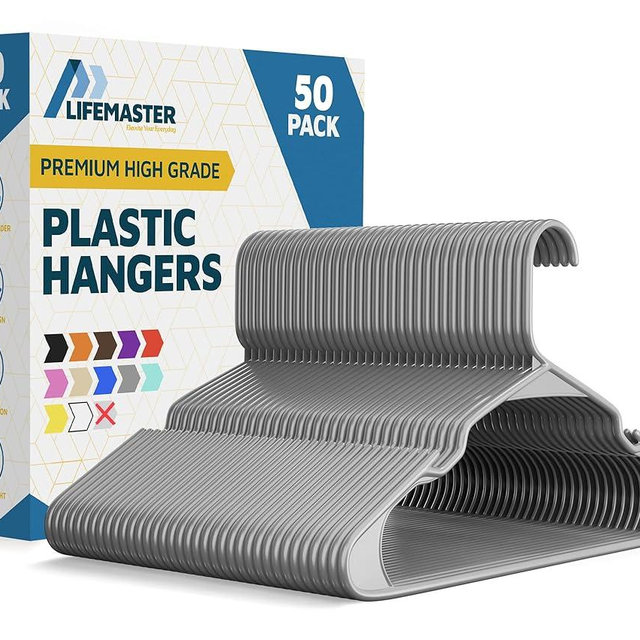 Lifemaster Plastic Clothes Hangers – Heavy Duty Hanger Set, for Organizing Clothes, Dresses, and Coat, Holds Up to 5 lbs, Space-Saving Hangers with Non-Slip Shoulder Grooves, Pack of 50, Gray