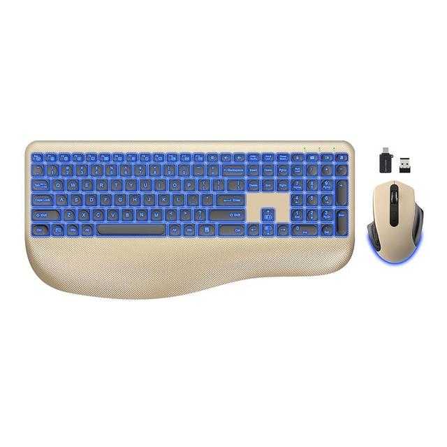 Wireless Keyboard Mouse Combo Rechargeable with 7 Backlits, 2.4GHz Ergonomic Full Size Computer Keyboard and 3 DPI Adjustable Wireless Mouse for Windows, Mac OS Desktop/Laptop/PC (Gold)