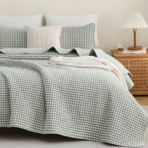 TOCOMOA Green Brown Gingham Quilt Bedding Set 100% Washed Cotton Bedspread Coverlet Like Linen Feel Soft Comfy Breathable 2 Pcs Plaid Checkered Lightweight Comforter Set for All Season, Twin 68"x86"