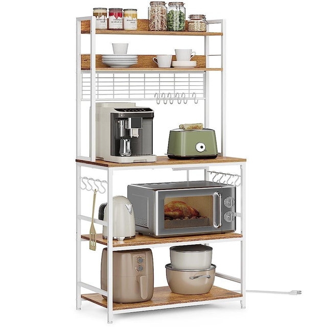 VASAGLE Bakers Rack with Power Outlet, Adjustable Microwave Stand, 14 Hooks Coffee Bar with Metal Wire Panel, Kitchen Hutch Storage Shelf, 15.7 x 31.5 x 66.9 Inches, Rustic Walnut and White UKKS025W41