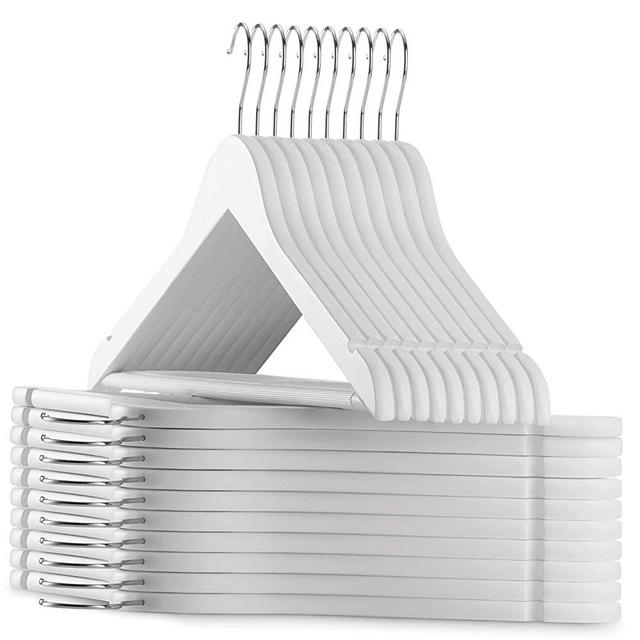 High-Grade Wooden Suit Hangers with Non Slip Pants Bar Smooth Finish Solid Wood Coat Hanger 360° Swivel Hook and Precisely Cut Notches for Camisole, Jacket, Dress Clothes Hangers White Wood, 30 Pack
