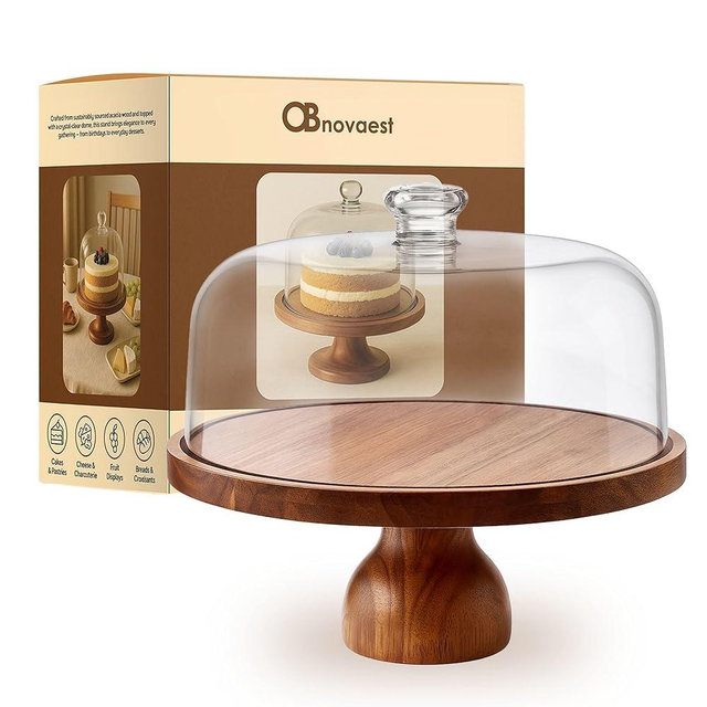 Onkarnolica Acacia Wood Cake Stand with Lid - 12in Round Cake Holder, 2-in-1 Dessert Table Display Set & Charcuterie Board for Cheese, Chips & Dips, Nachos, Fruit Platter, Large Acrylic Cake Dome Cover