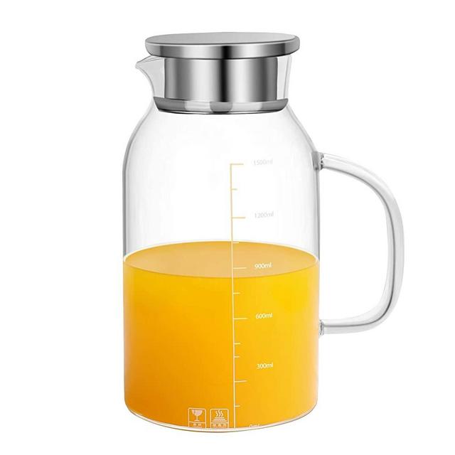 OTARTU Borosilicate Glass Pitcher With Stainless Steel Lid, Non-Drip Wide Spout -60 Ounces ，Water Carafe with Handle, High Heat Resistance Stovetop Safe Pitcher for Hot/Cold Water