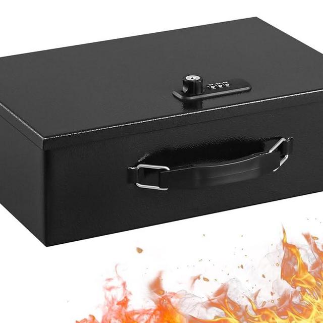 KYODOLED Fireproof Lock Box for Documents,Dual Combination and Key Lock Security Chest with Carrying Handle, Metal Strong Safe Box to Keep Personal Items,Documents, Exterior 12.8" x 8.4" x 4.5", Black