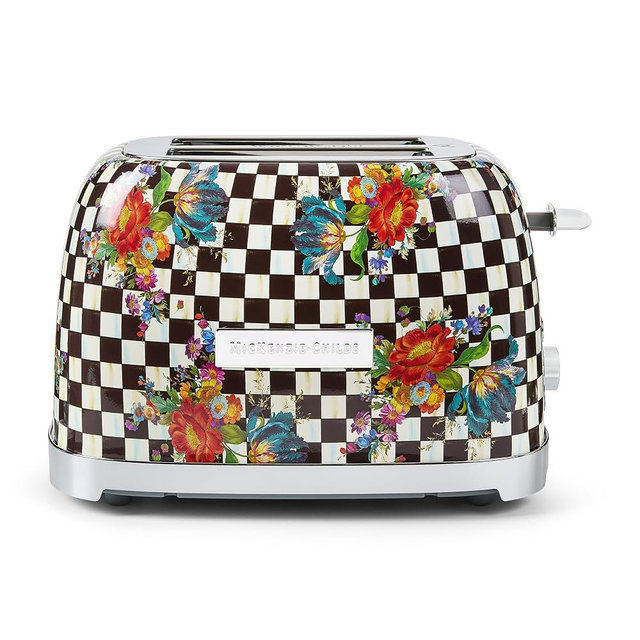 MACKENZIE-CHILDS 2-Slice Toaster, Decorative Toaster for Kitchen, Black-and-White Courtly Flower Market