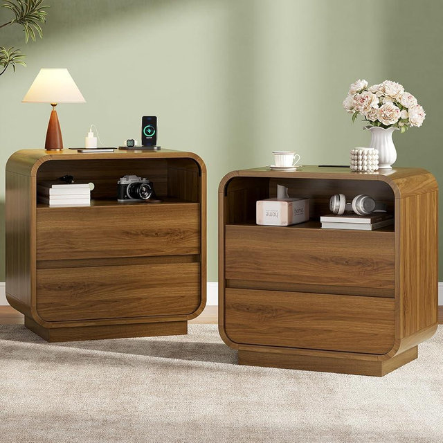 HAUOMS 25" Tall Modern Nightstand with Charging Station, 23.6" Wide Wood Bedside Table w/2 Storage Drawers, Curved Profile Design, Large Mid Century End Table for Bedroom, Living Room, Walnut