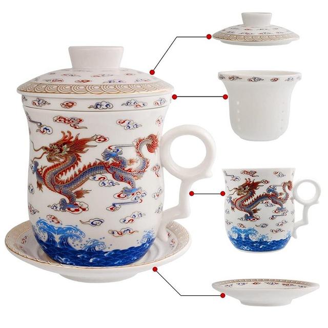 Tea Talent Porcelain Tea Cup with Infuser Lid and Saucer Sets - Chinese Jingdezhen Ceramics Coffee Mug Teacup Loose Leaf Tea Brewing System for Home Office