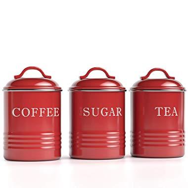 Barnyard Designs Airtight Kitchen Canister Decorations with Lids, Red Metal Rustic Farmhouse Country Decor Containers for Sugar Coffee Tea Storage (Set of 3) (4” x 6.75”)