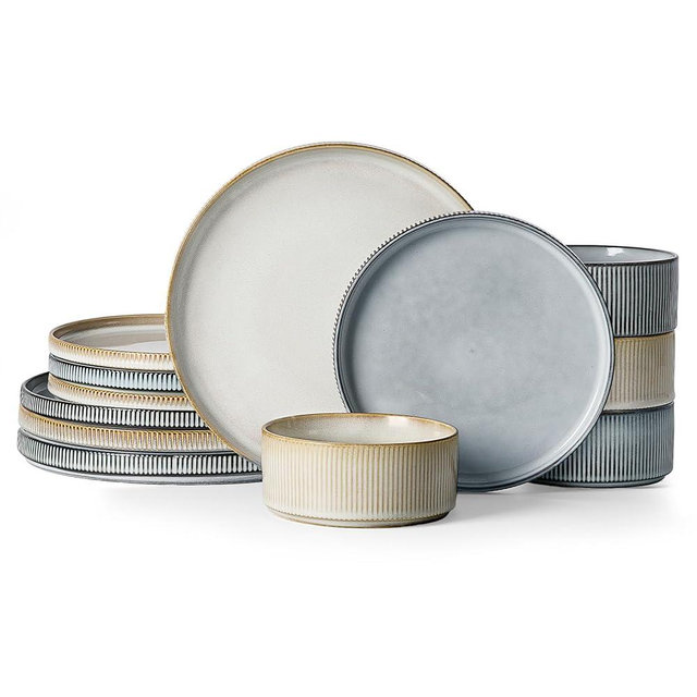 Famiware Star Dinnerware Set, Plates and Bowls Sets for 4 (12pcs), Ribbed Stoneware Dishes - Chip & Scratch Resistant, Microwave & Dishwasher Safe, Multicolor - Cappuccino White & Smoky Blue