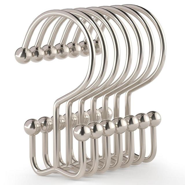 Goowin Shower Curtain Hooks, 12 Pcs Shower Curtain Rings, Durable Shower Curtain Rings Rust Proof, Double Glide Shower Rings for Curtain, Simple Shower Hooks for Shower Curtain & Liner, Brush Nickel