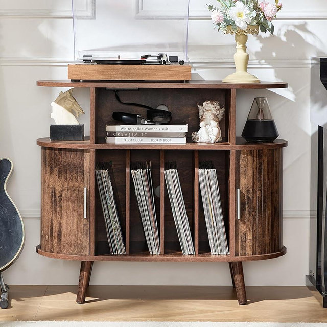 LELELINKY Small Round Record Player Stand with Charging Station & Fluted Panel, Brown Mid Century Modern Turntable Cabinet with Vinyl Storage, Arched Wood Record Player Table for Living Room