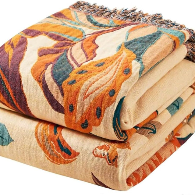 Boho Throw Blanket for Bed 100% Cotton Bohemian Blankets Ultra Soft Woven Muslin Decorative Blankets All Seasons Vintage Quilt Knitted Blanket for Sofa Chair(Orange, 80"x90")