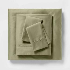 Queen Solid Performance 400 Thread Count Sheet Set Green - Threshold™: Cotton Sateen, Wrinkle-Resistant, Fits 18" Mattress