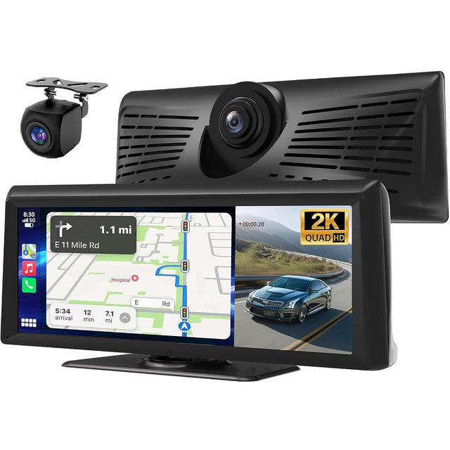 Wireless Carplay Screen for Car with 2K Dash Cam 8.1" HD Portable Car Stereo Touchscreen with Apple CarPlay Android Auto, Voice Control, Bluetooth, Mirror Link, GPS Navigation, 1080P Backup Camera