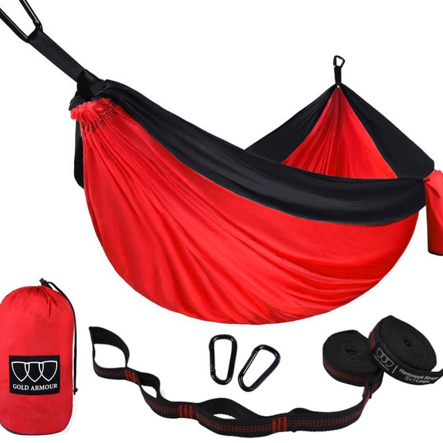 Gold Armour Camping Hammock - Portable Hammock Single Hammock Camping Accessories Gear for Outdoor Indoor Adult Kids, USA Based Brand (Red & Black)