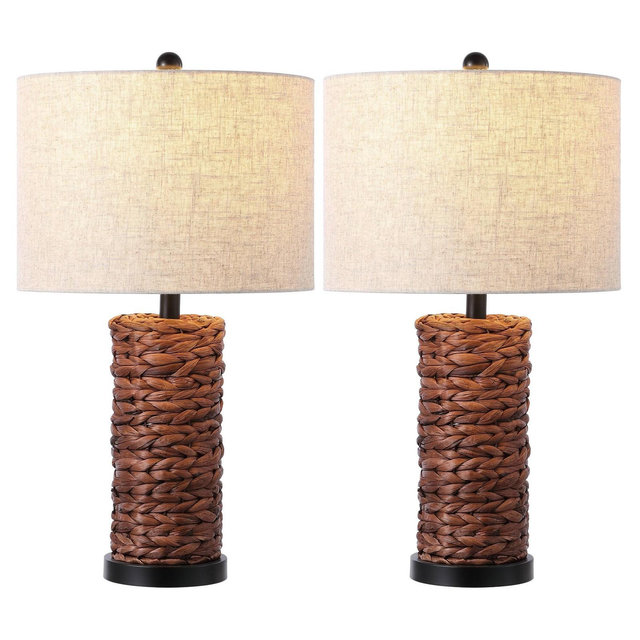 JONATHAN Y Elicia 25" Coastal Water Hyacinth Table Lamps Dark Brown: Linen Shade, UL Listed