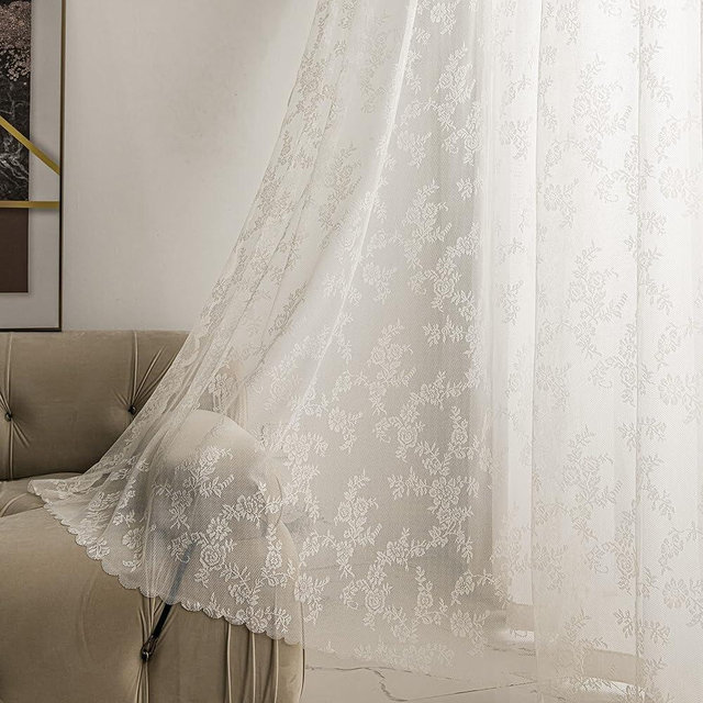 Sutuo Home Ivory Lace Curtains 84 Inches Long 2 Set, Sheer Panels Floral Embroidery Vintage Voile Window Treatment Pair for Bedroom Living Room Kitchen, Retro Christmas Decor Rod Pocket, W57 x L84