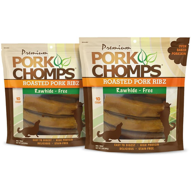 Pork Chomps Roasted Pork Skin Dog Chews, 6 Inch Rib Shapes, 10 Count, Pack of 2 - Long-Lasting Treats for Dogs - High Protein, Rawhide-Free, Low Fat, Healthy & Delicious Chews