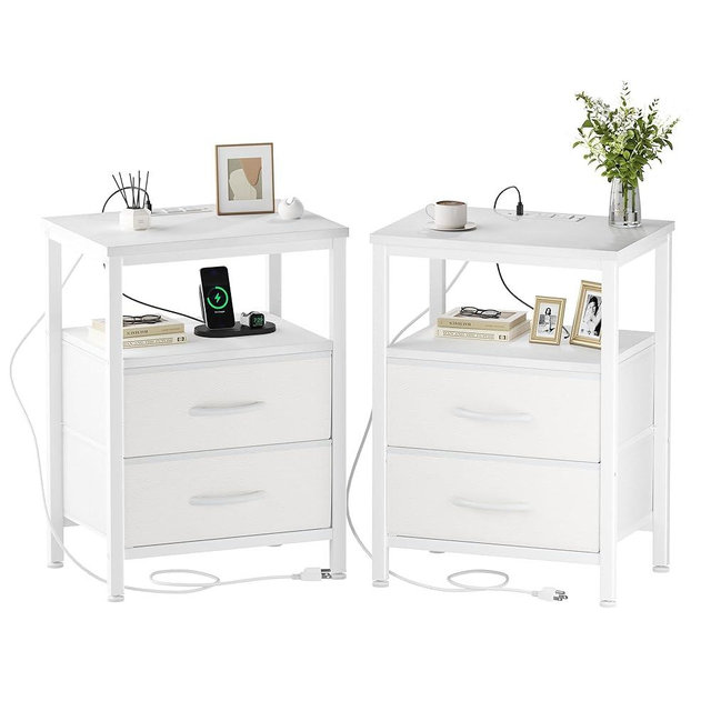 OLIXIS Nightstands Set of 2 with Charging Station, Bedside Table with USB Ports & Type-C, 2 Fabric Drawers Night Stand with Open Shelf, Compact End Table for Bedroom, White