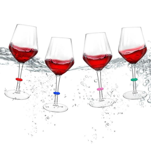 Floating Wine Glasses for Pool with Charms Tags, Shatterproof Poolside Wine Glasses, Floating Cup With Stem, Drinking Glasses for Pool, Unbreakable Wine Cup & BPA-free (16 Oz, Set of 4)