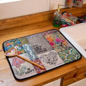 Reversible Dish Drying Mat - Dusty Blue Folk Flower