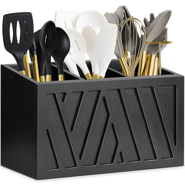 Utensil Holder for Kitchen Countertop, Wood Utensil Caddy Organizer, Farmhouse Spatula Holder Wall Mount, Large Cooking Kitchen Tool Holder, Kitchen Organizers and Storage for Kitchen Decor (Black)
